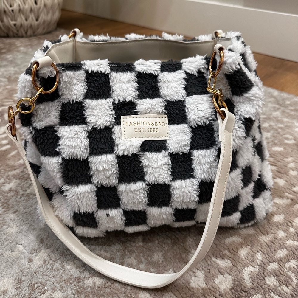 Black and White Checkered Shoulder Bag with Plush Texture